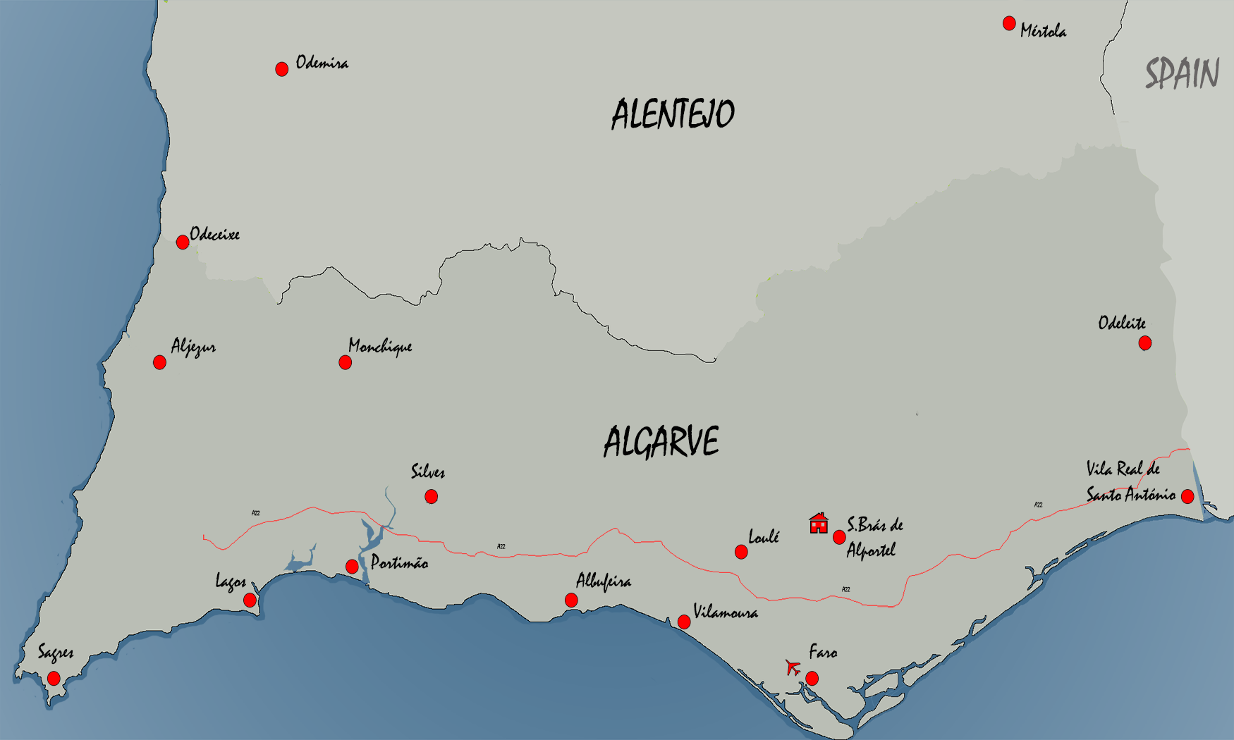 Mapa do Alentejo e Algarve